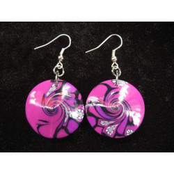 Earrings, black and purple spiral, in fimo
