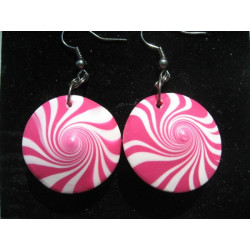 Earrings, fuchsia and white spiral, in fimo