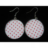 Earrings, red polka dots on a beige background, set in resin