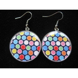 Fancy earrings, multicolored polka dots, set in resin