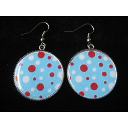 Earrings, white and red dots on turquoise background