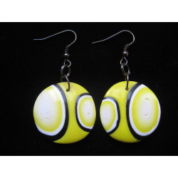 Pop earrings, white and black patterns on a yellow background, in fimo