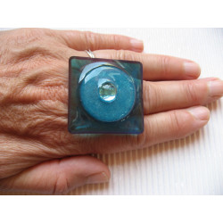 Very large square ring, blue fimo cabochon, on blue resin background