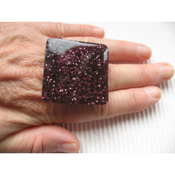 Very large square ring, purple glitter in resin