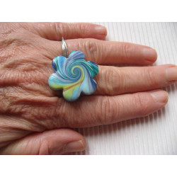 Flower ring, blue camaieu spiral, in fimo