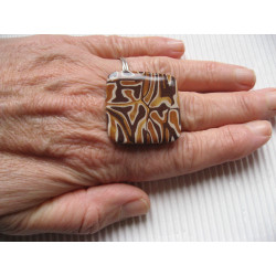Large square adjustable ring, beige brown and gold leopard, in Fimo